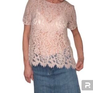 LOFT  Eyelet Lace Overlay Hyper-feminine Pink Short Sleeve Blouse size S